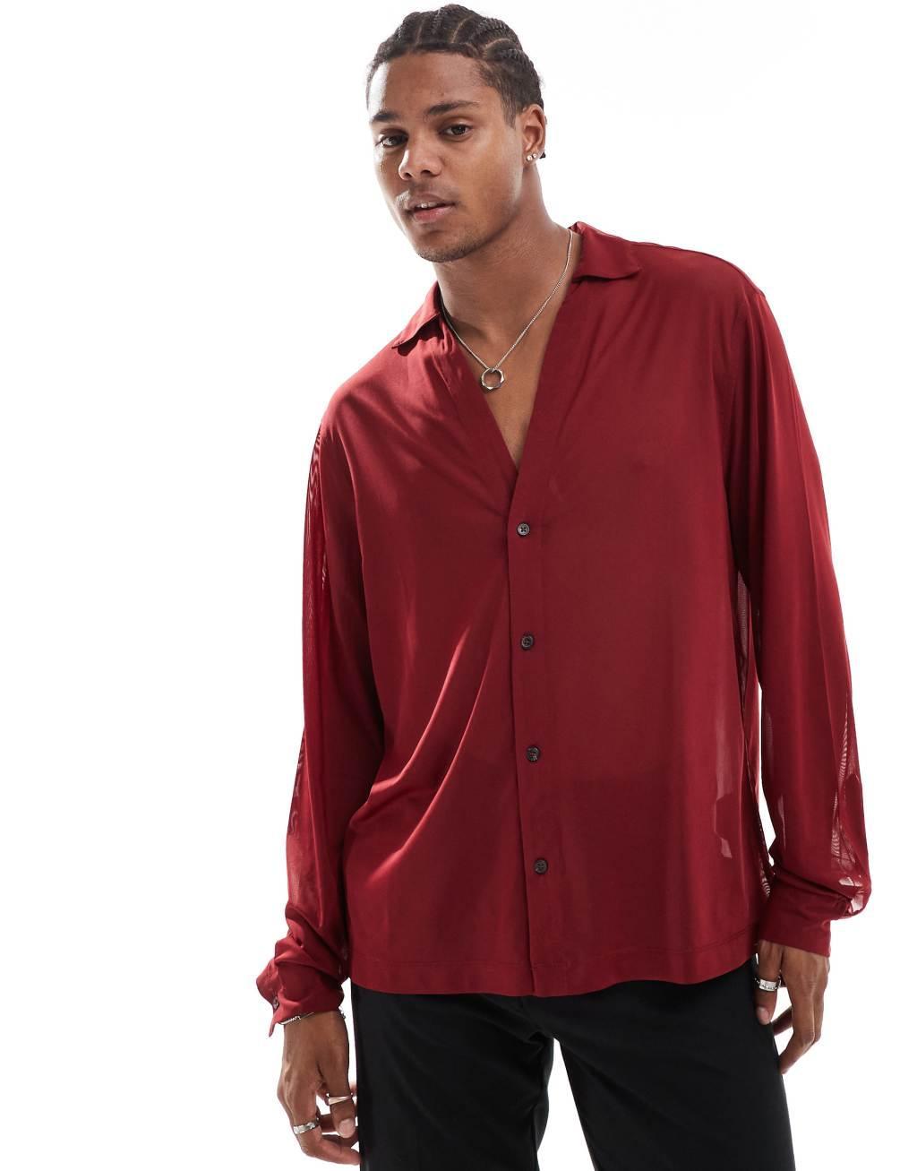 ASOS DESIGN boxy stretch sheer shirt with deep revere in burgundy  Product Image