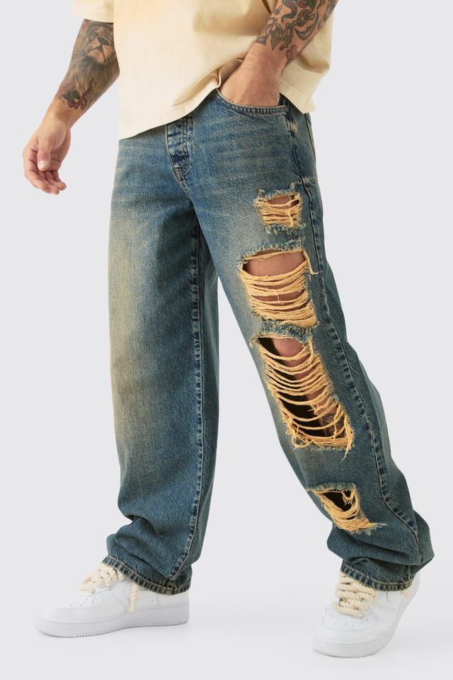 Baggy Rigid Ripped Denim Jean In Antique Wash | boohooMAN USA Product Image