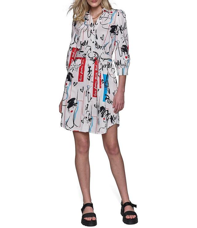 KARL LAGERFELD PARIS Printed Point Collar 3/4 Sleeve Side Pocket Button Down Belted Shirt Dress Product Image