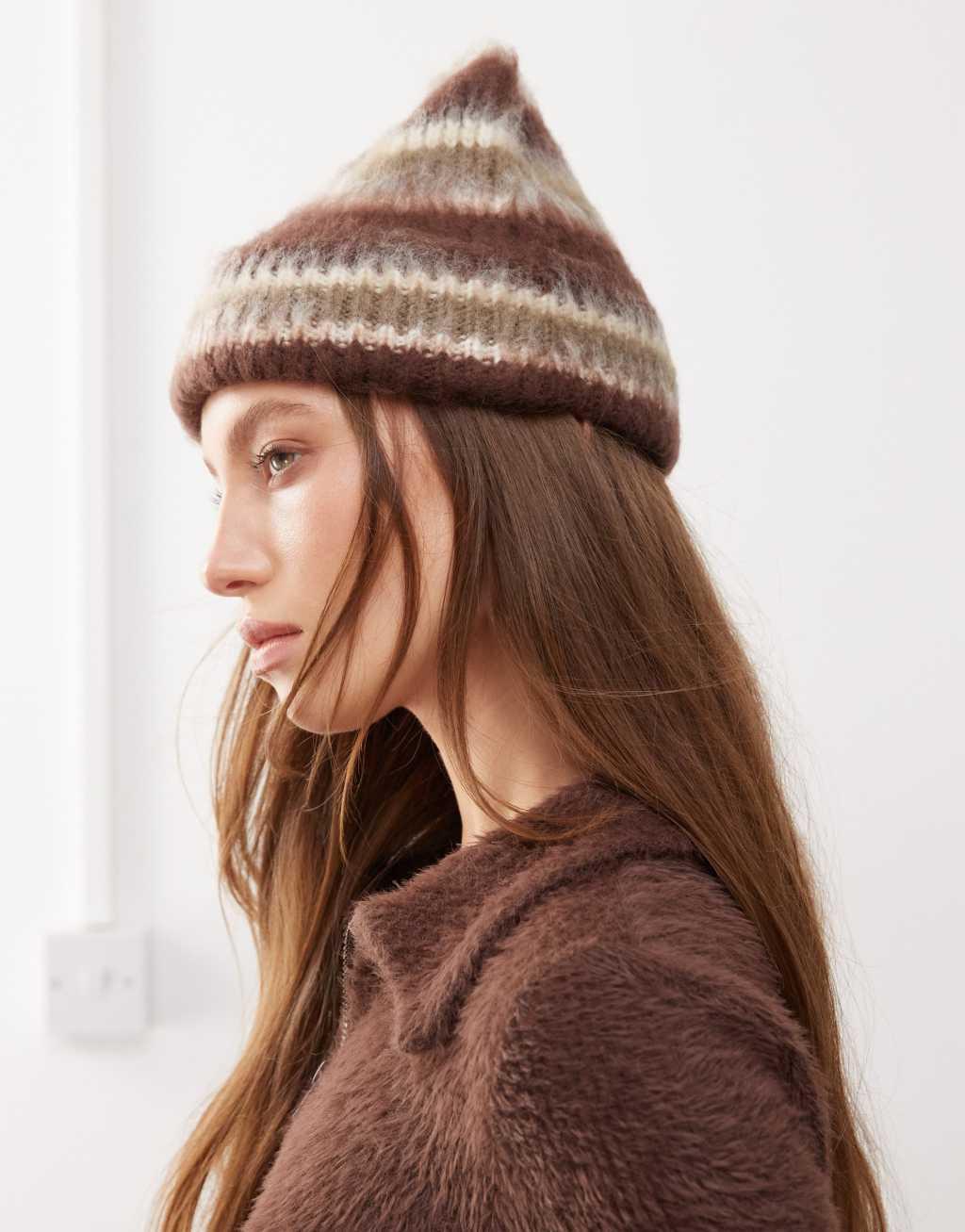 COLLUSION brushed stripe beanie in brown Product Image