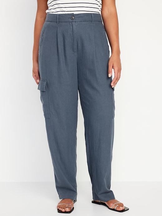 High-Waisted Linen-Blend Cargo Straight Pants product image