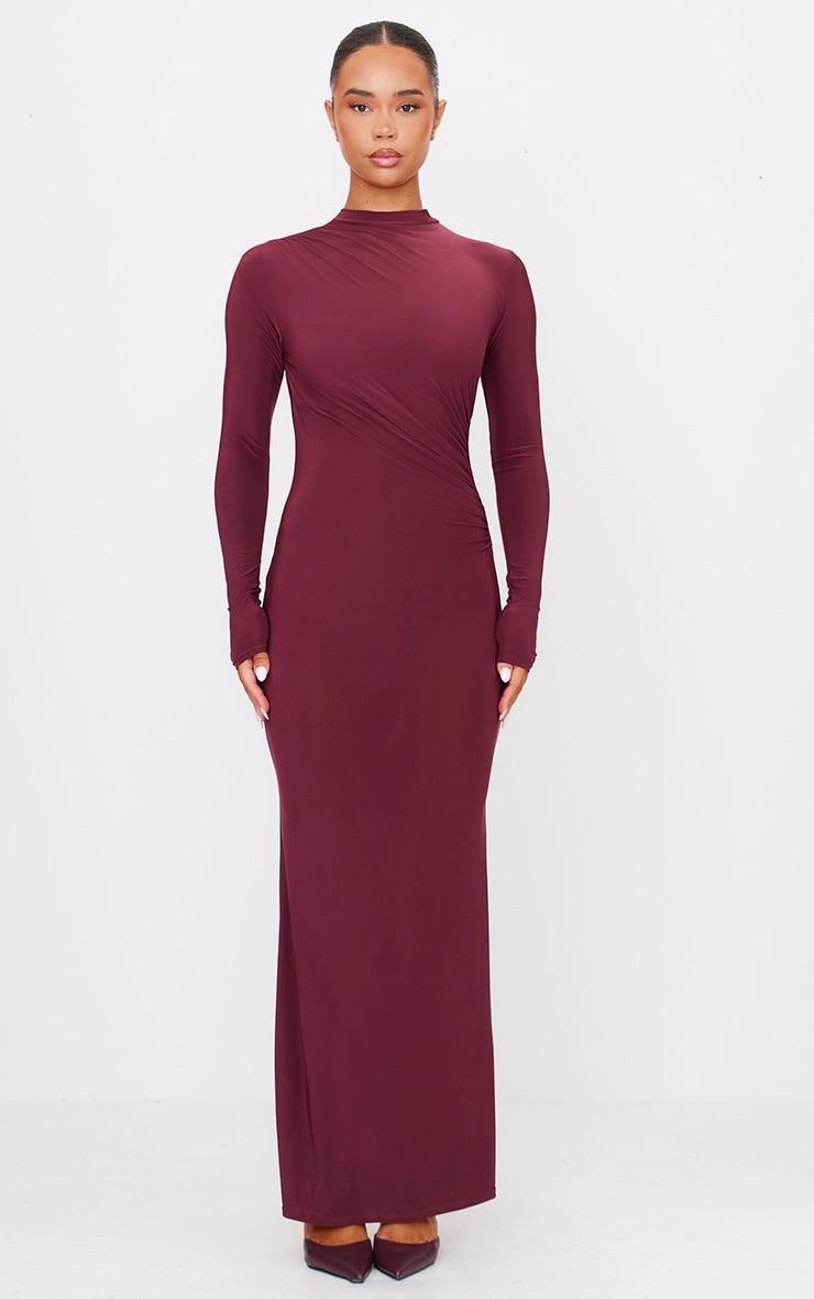  Burgundy Slinky Long Sleeve Maxi Dress Product Image