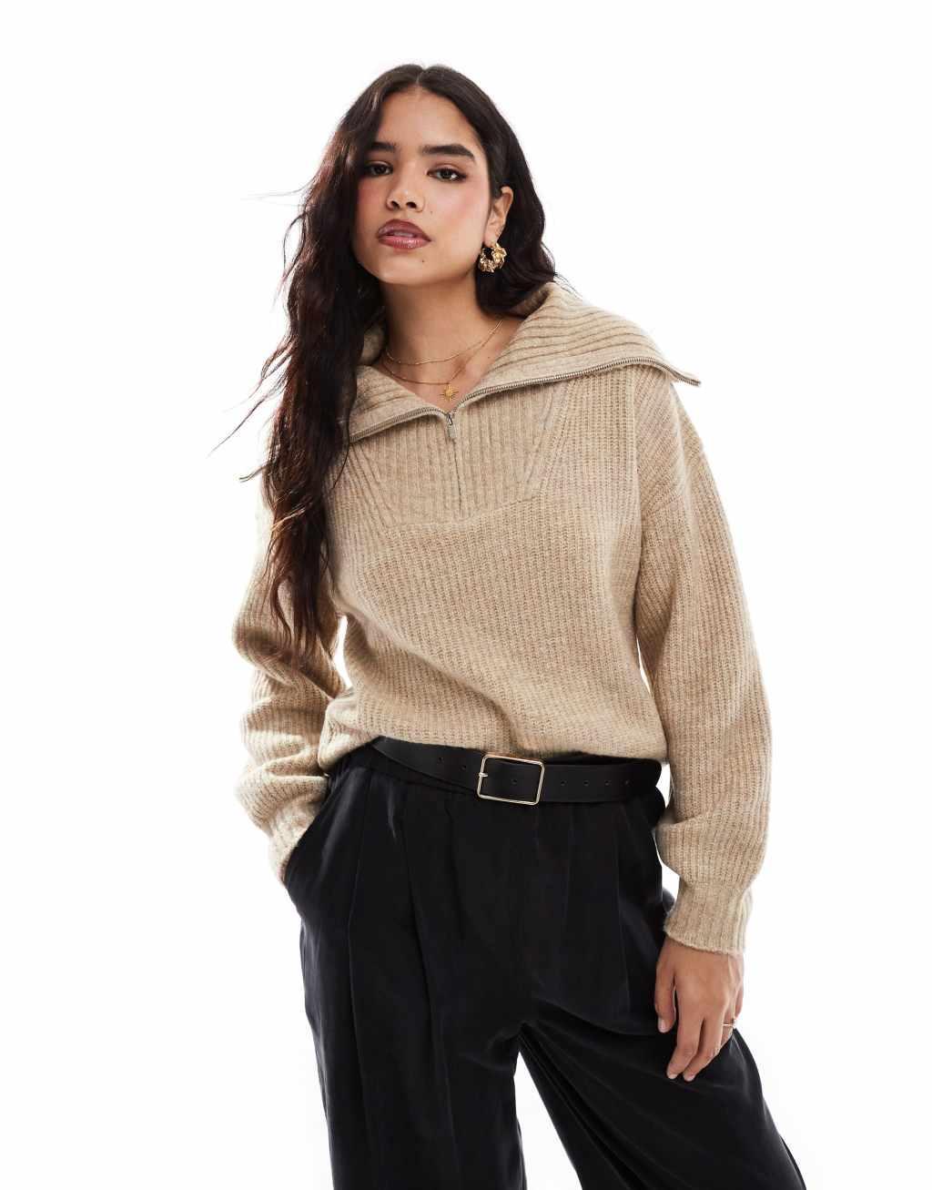 French Connection half zip knit sweater in camel Product Image