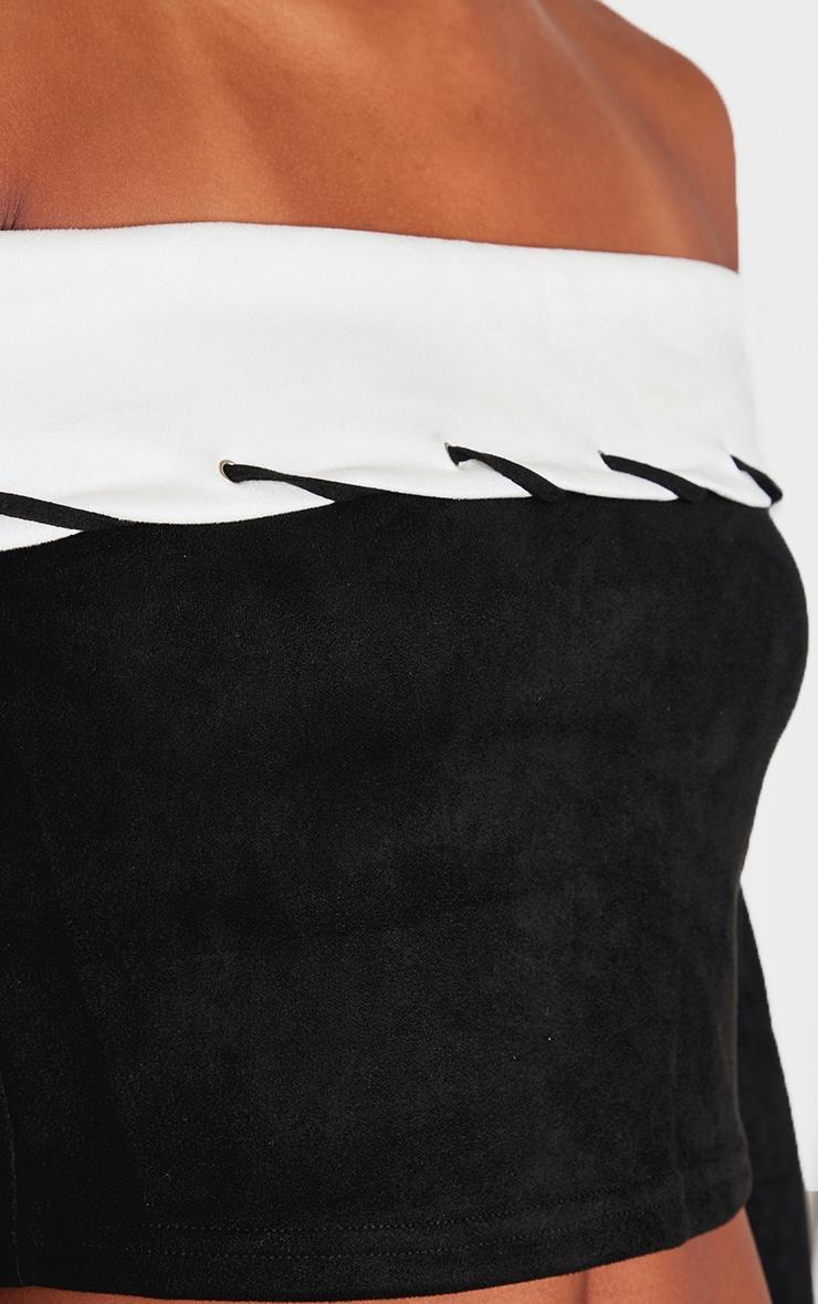 Black Faux Suede Contrast Foldover Stitch Detail Bardot Top Product Image