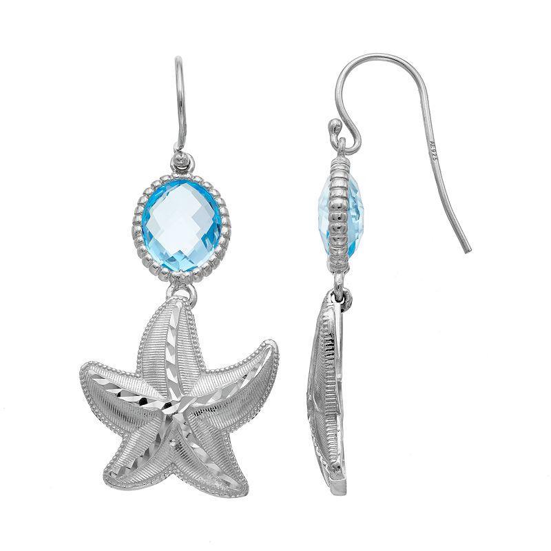 Sterling Silver Blue Topaz Starfish Drop Earrings, Womens Product Image