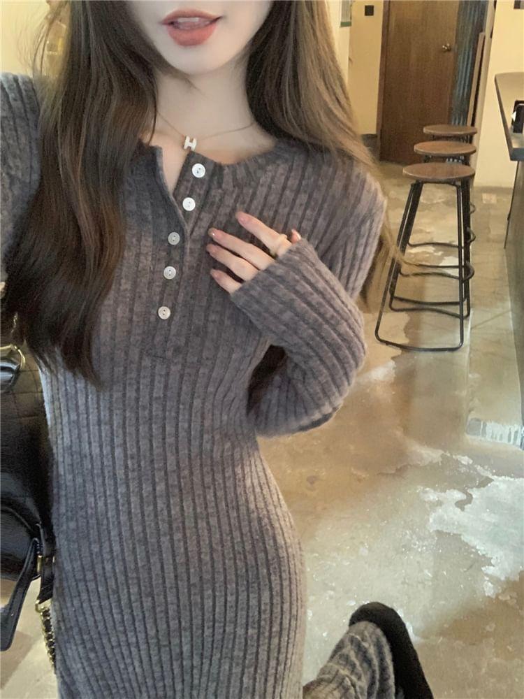 Long-Sleeve Henley Melange Ribbed Midi A-Line Knit Dress Product Image