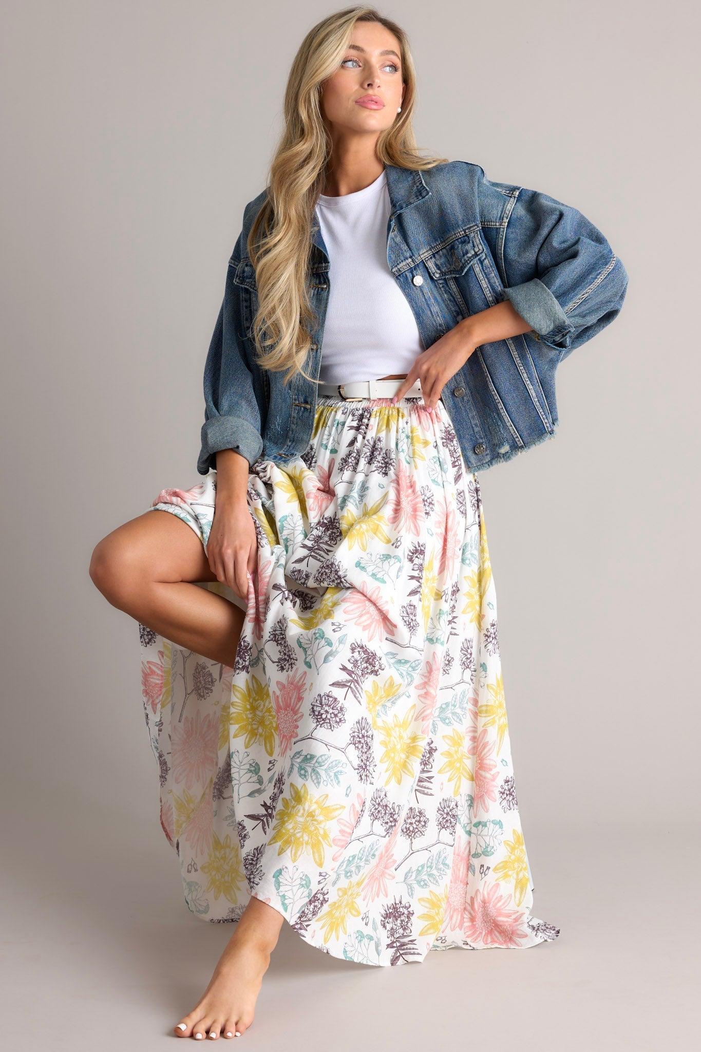 Never Let You Go Ivory Floral Print Linen Maxi Skirt product image