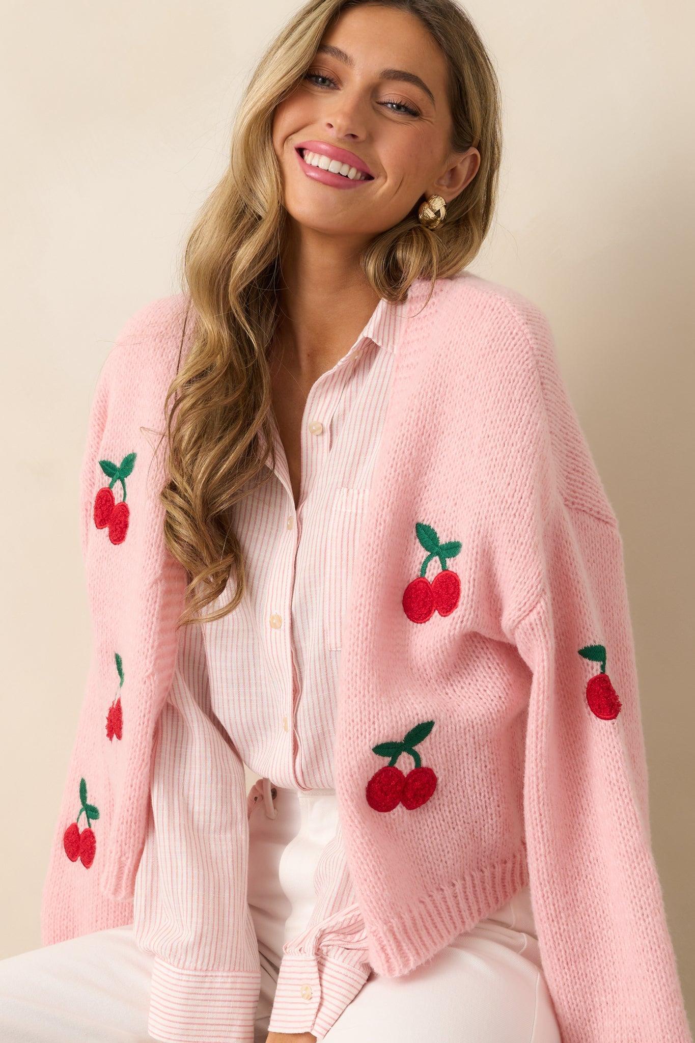 Cherry Trees Light Pink Knit Cardigan Product Image