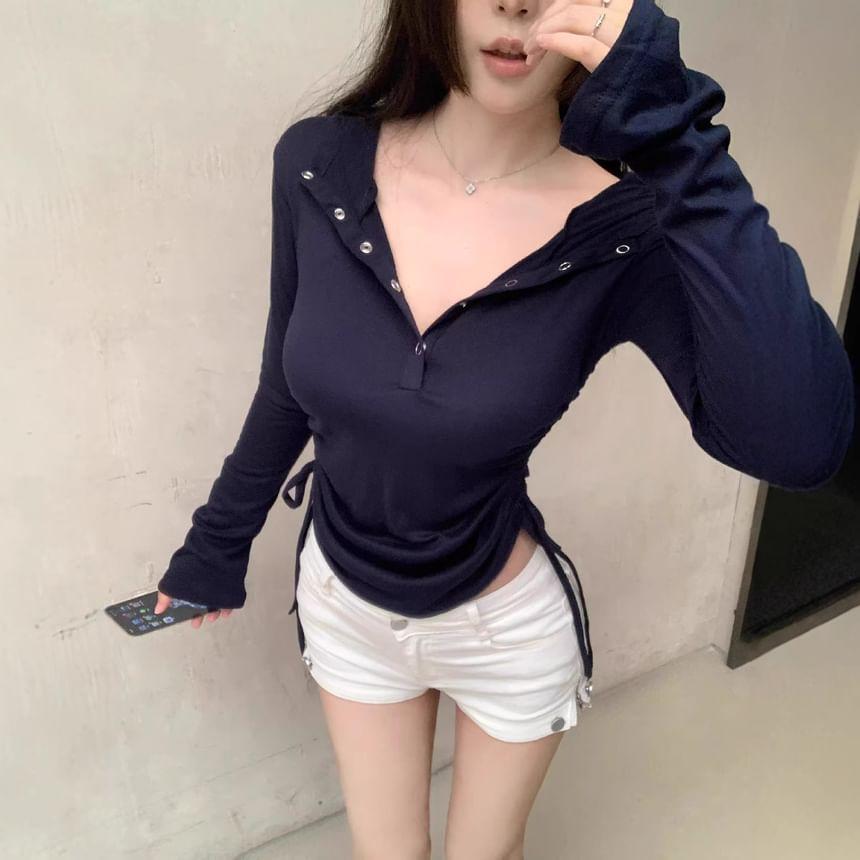 Long Sleeve Half-Button Plain Side-Drawstring Hooded Slim-Fit Top Product Image