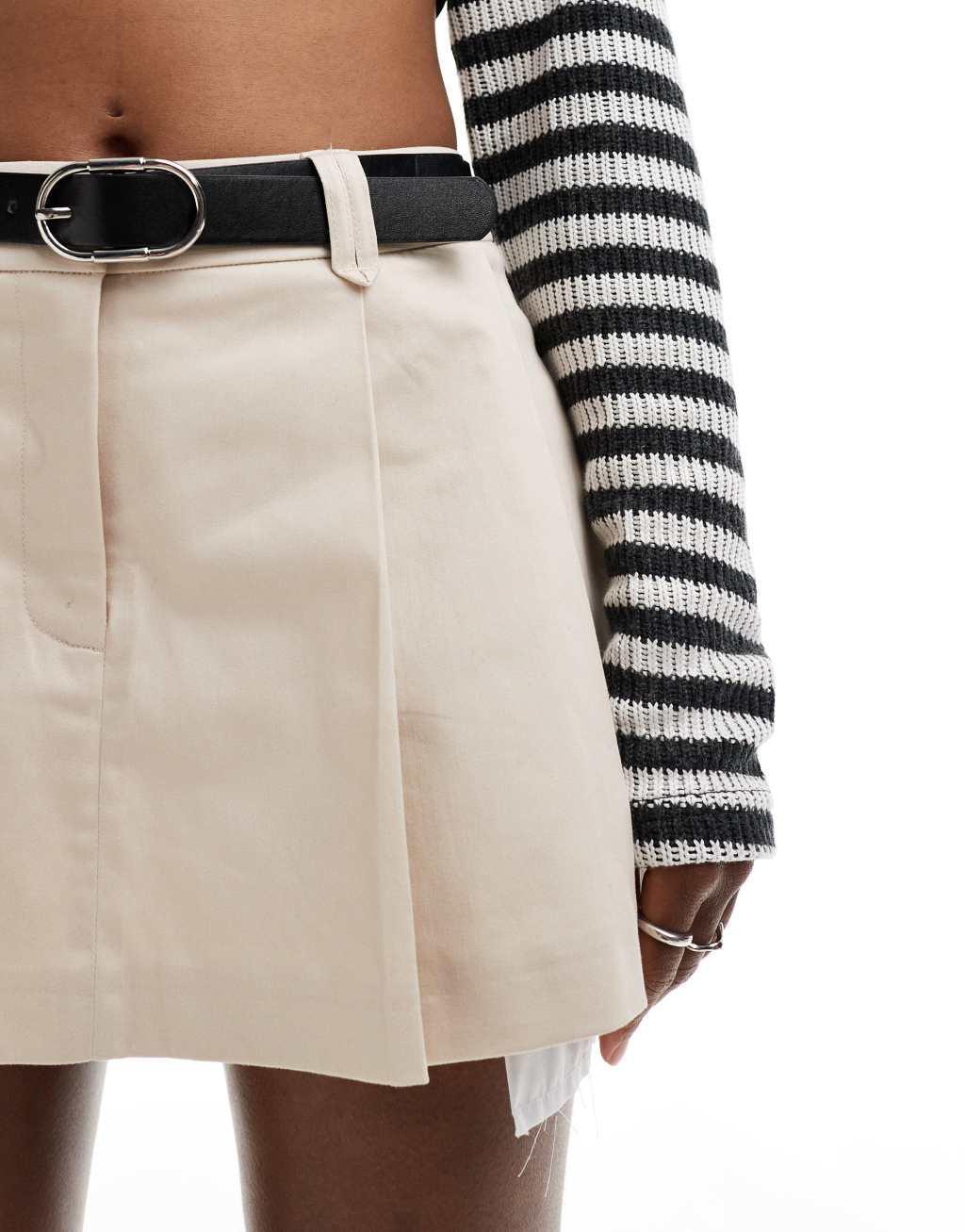 Miss Selfridge cotton pleated mini skort with belt in stone Product Image