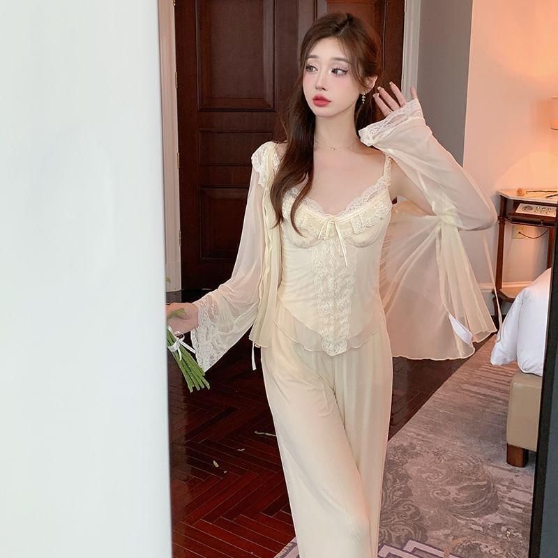 Pajama Set: Plain Lace Trim Camisole Top + Pants + Sheer Robe Product Image