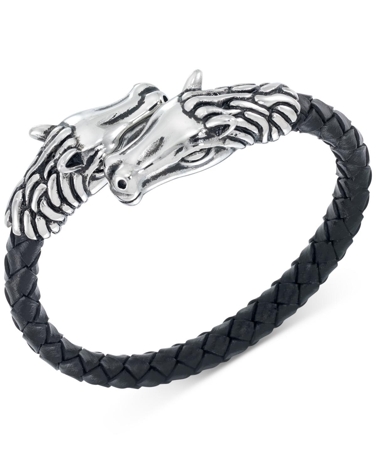 Legacy for Men by Simone I. Smith Horse Head Black Leather Braided Bypass Bracelet in Stainless Steel Product Image