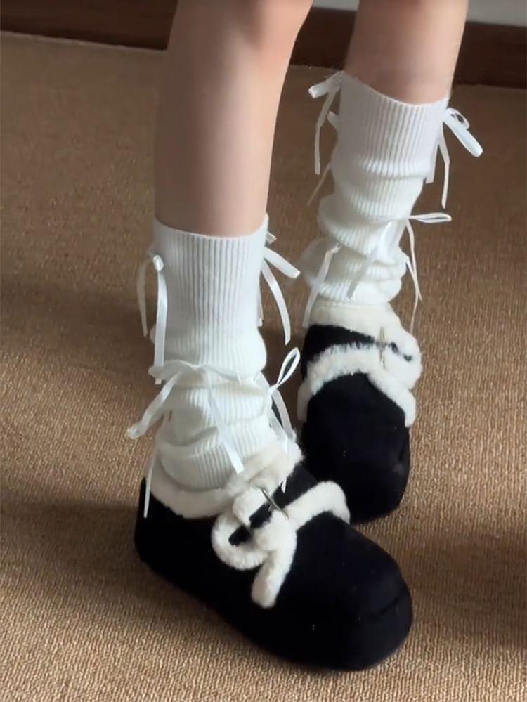 Plain Bow Ribbed Knit Leg Warmers / Set Product Image