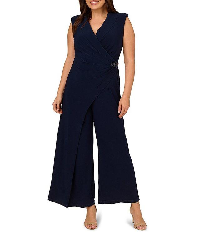 Adrianna Papell Plus Size Stretch Jersey Sleeveless V-Neck Embellished Waist Jumpsuit Product Image