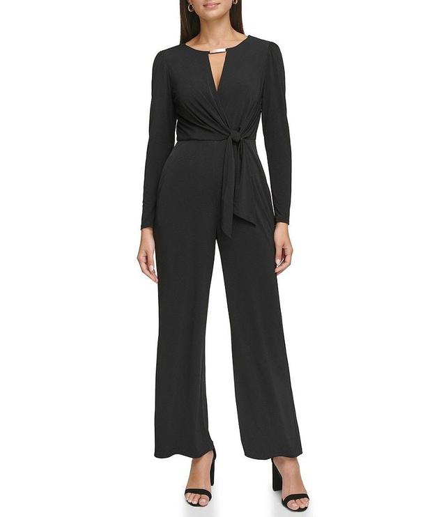 Kensie Stretch Surplice V-Neck Long Sleeve Tie Waist Jumpsuit Product Image