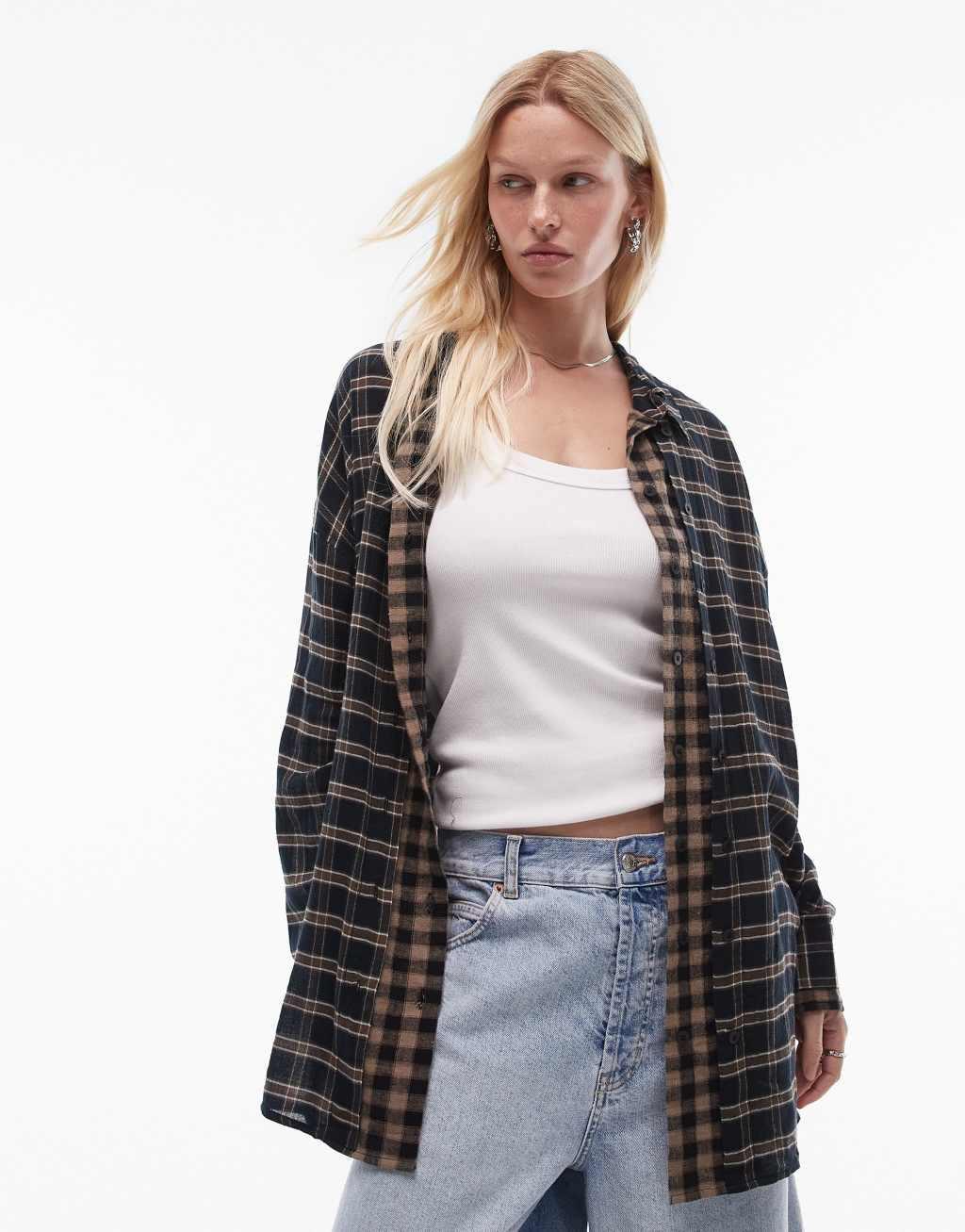 Topshop double layer oversized shirt in contrast check Product Image