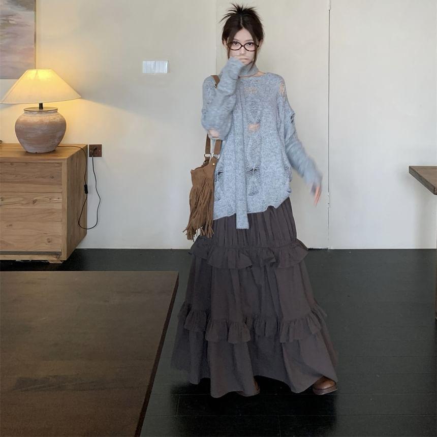 Long Sleeve Plain Distressed Loose-Fit Sweater with Scarf / High Rise Plain Ruffled Maxi A-Line Skirt Product Image