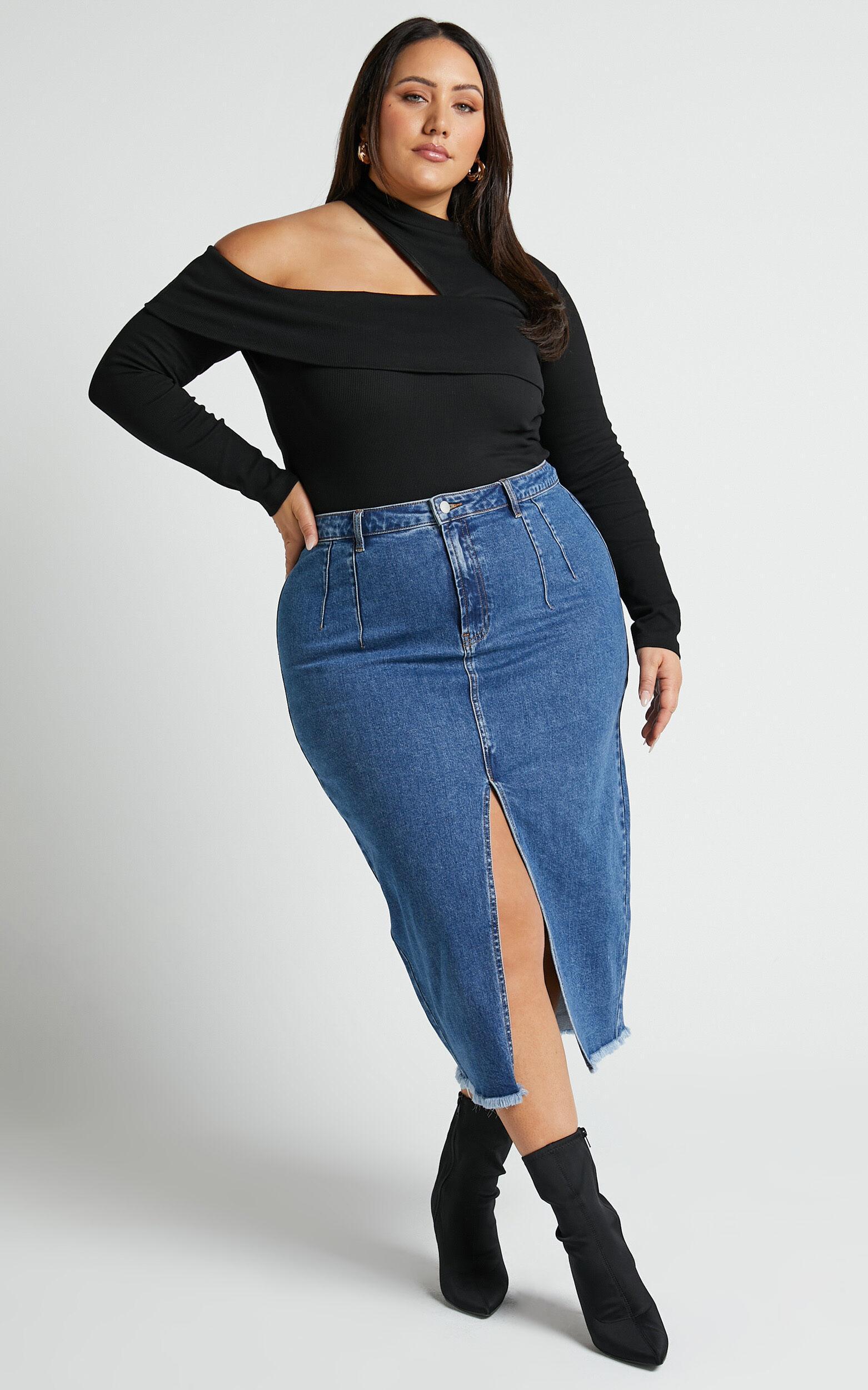 Janeve Midi Skirt - Front Split Denim Skirt in Dark Blue Product Image