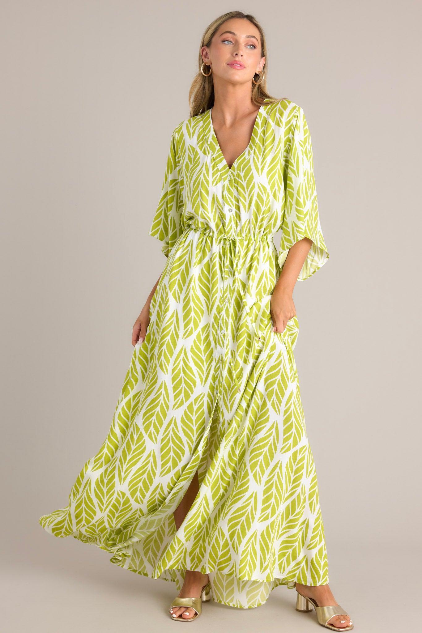 Sunset Palms Lime Green Tropical Print Button Front Maxi Dress Product Image