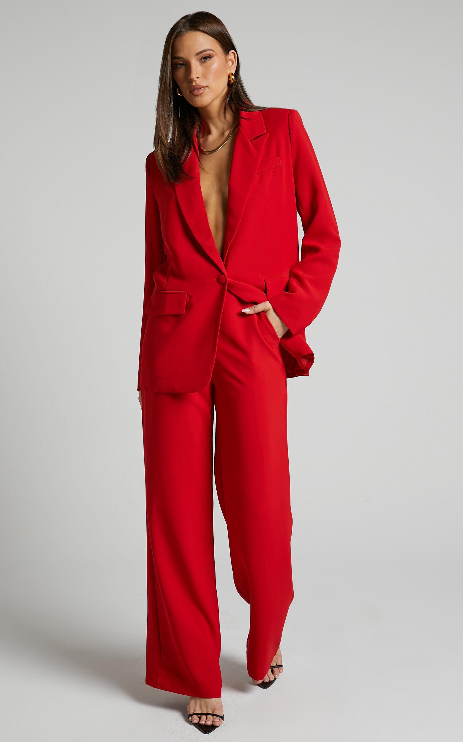 Michelle Blazer - Oversized Plunge Neck Button Up Blazer in Red Product Image