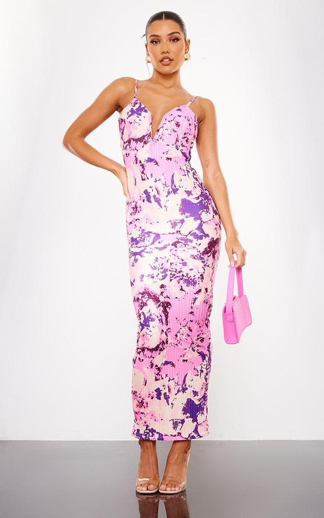 Purple Abstract Plisse Wired Plunge Ruched Bum Maxi Dress Product Image