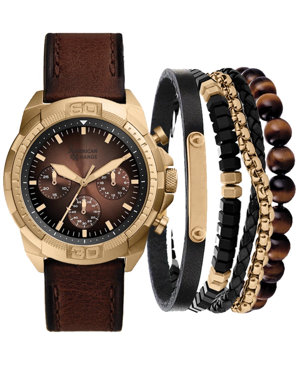 American Exchange Mens Brown Faux-Leather Strap Watch 51mm Gift Set - Brown Product Image