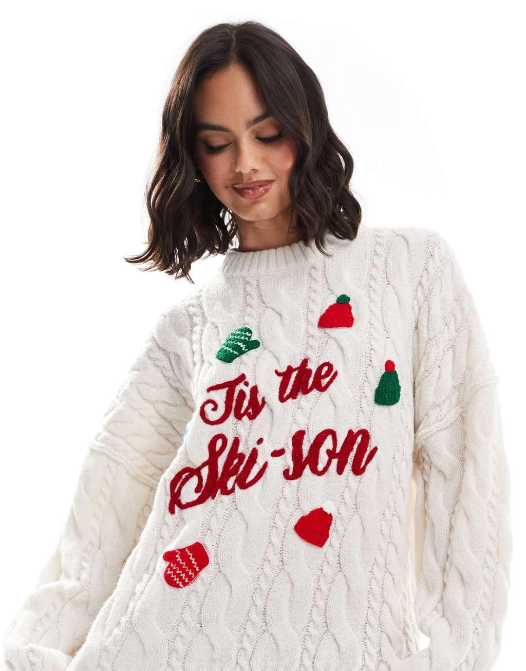 ASOS DESIGN knit cable Christmas sweater with slogan in cream product image