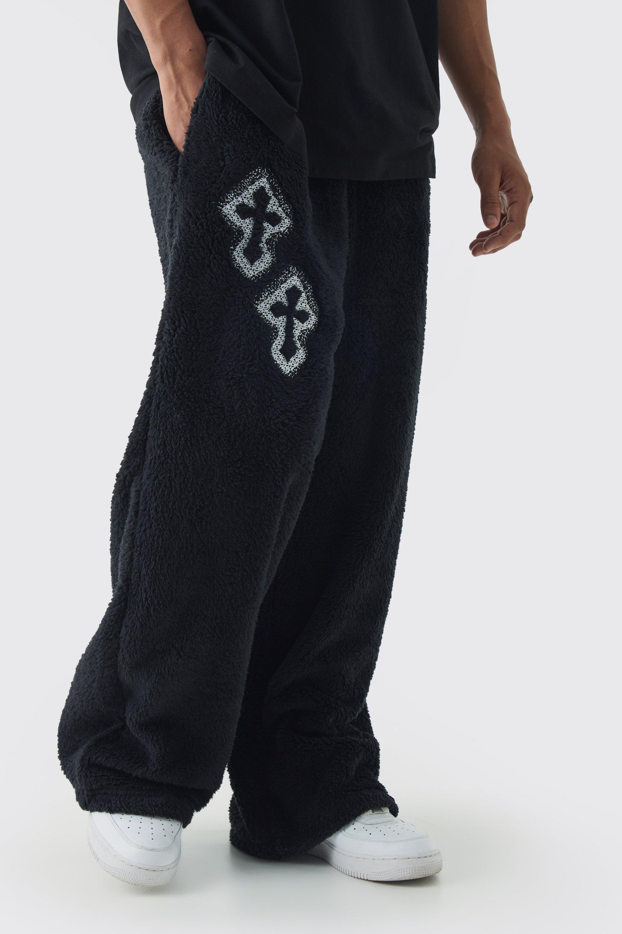 Wide Leg Embroidered Gothic Cross Teddy Borg Sweatpants | boohooMAN USA Product Image