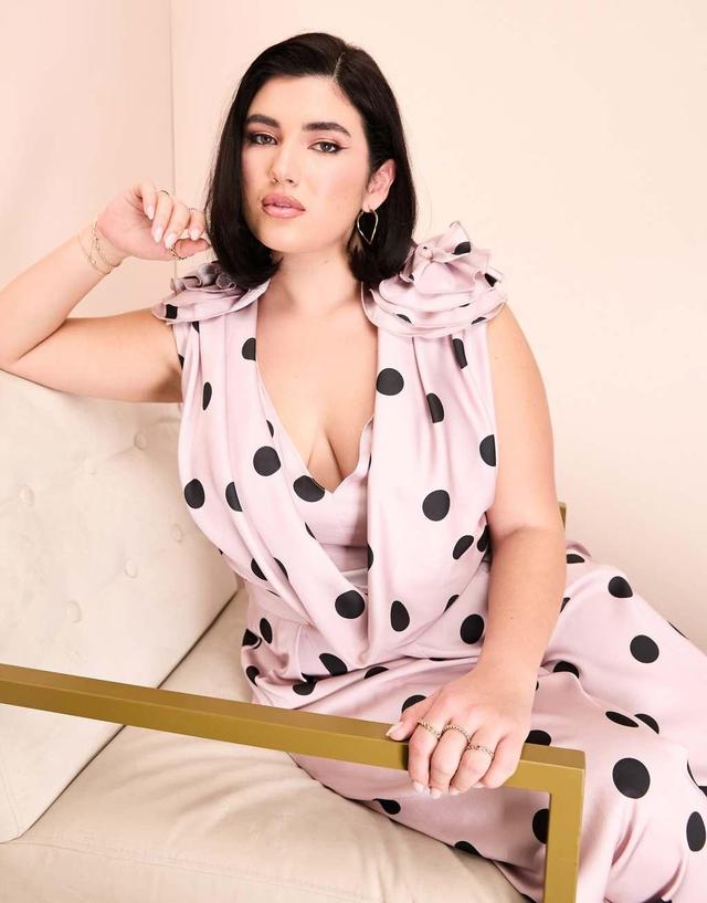 ASOS LUXE Curve satin corsage plunge neck wide leg jumpsuit in spot print Product Image