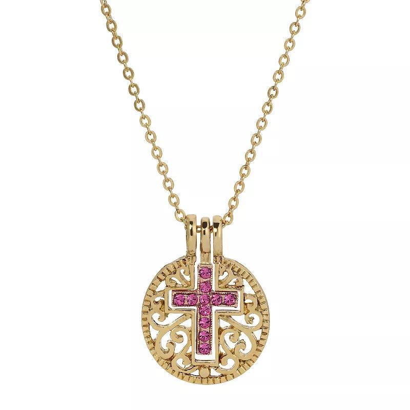 1928 Gold Tone Birthstone Crystal Cross Pendant Necklace, Womens, Pink Product Image