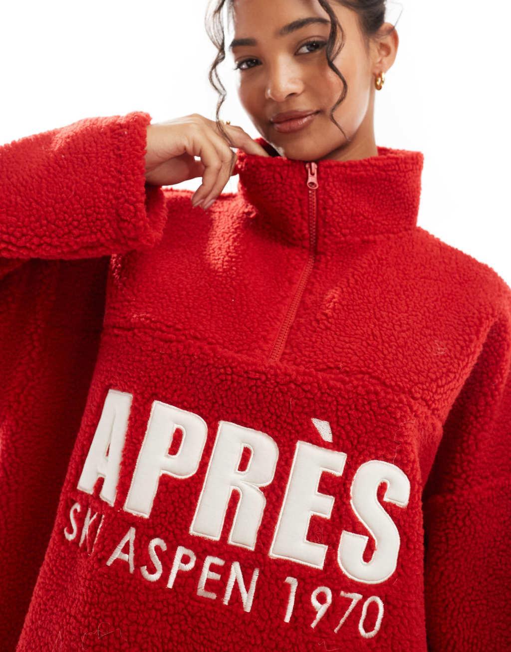 ASOS DESIGN apres ski borg graphic sweatshirt in red Product Image