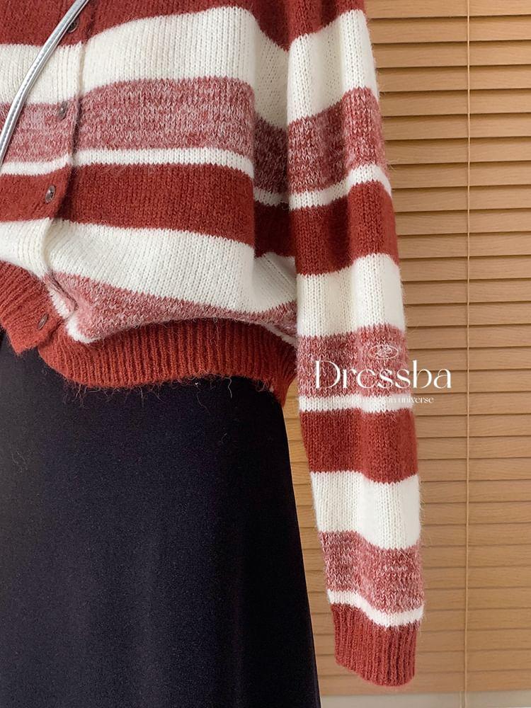 Round Neck Striped Cardigan Product Image