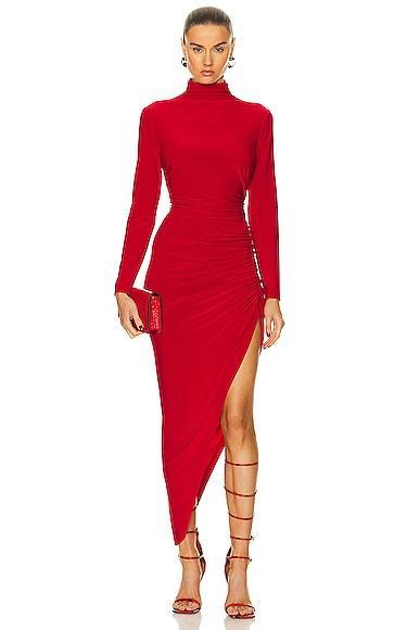 Norma Kamali Long Sleeve Turtleneck Side Drape Gown in Tiger Red - Red. Size XL (also in L, M, S, XS). Product Image