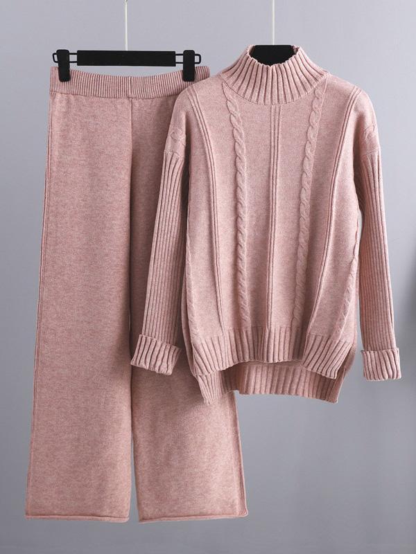 Loose Long Sleeves Split-Side Solid High-Low Half Turtleneck Sweater Tops & Wide Leg Pants Two Pieces Set Product Image