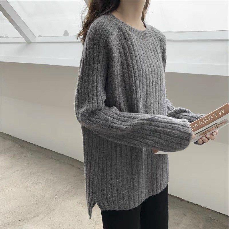 Round Neck Plain Ribbed Sweater Product Image