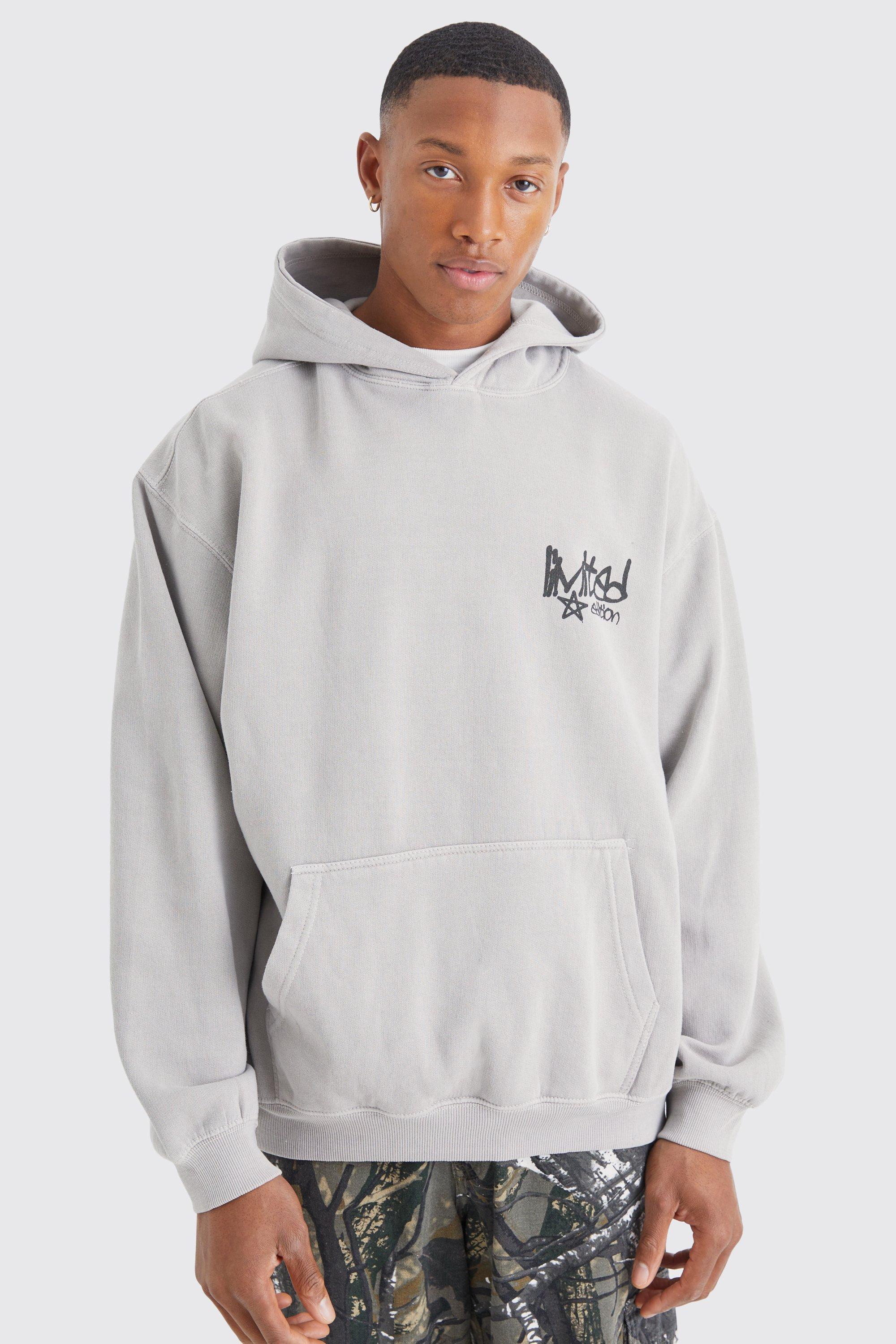 Mens Beige Oversized Overdye Graffiti Graphic Hoodie, Beige Product Image