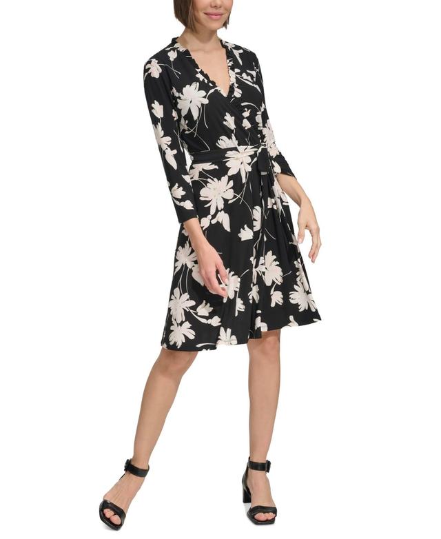 Tommy Hilfiger Womens Floral Ruffle-Neck Wrap Dress - Black Product Image