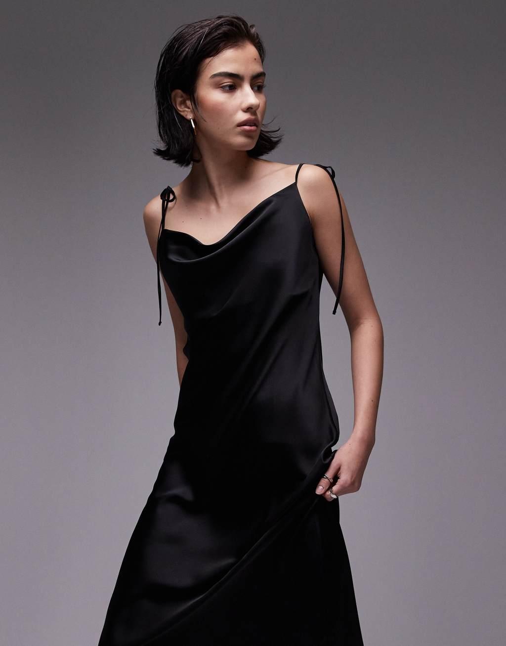 Topshop cowl neck tie shoulder midi slip dress in black Product Image