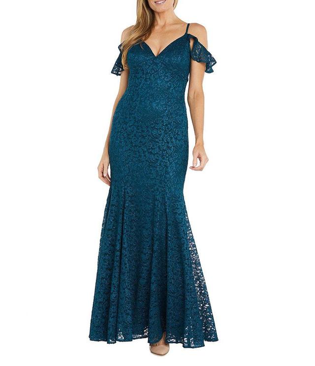 R & M Richards Lace Glitter V-Neck Flutter Cap Sleeve Godet Sheath Gown Product Image