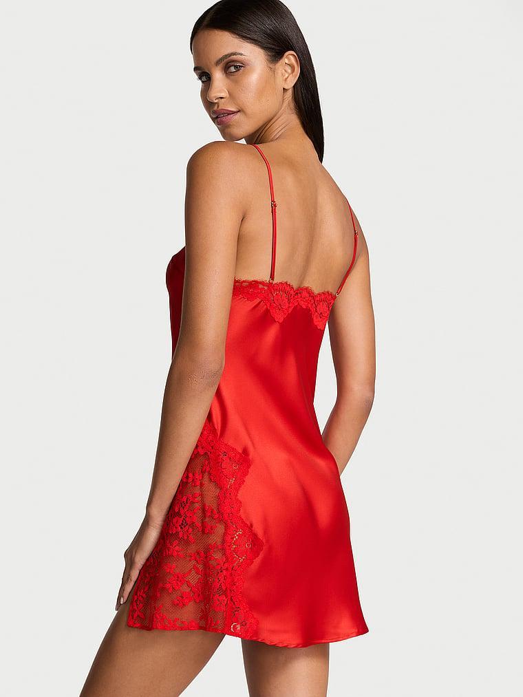 Satin Rose Lace-Trim Asymmetric Slip Dress Product Image