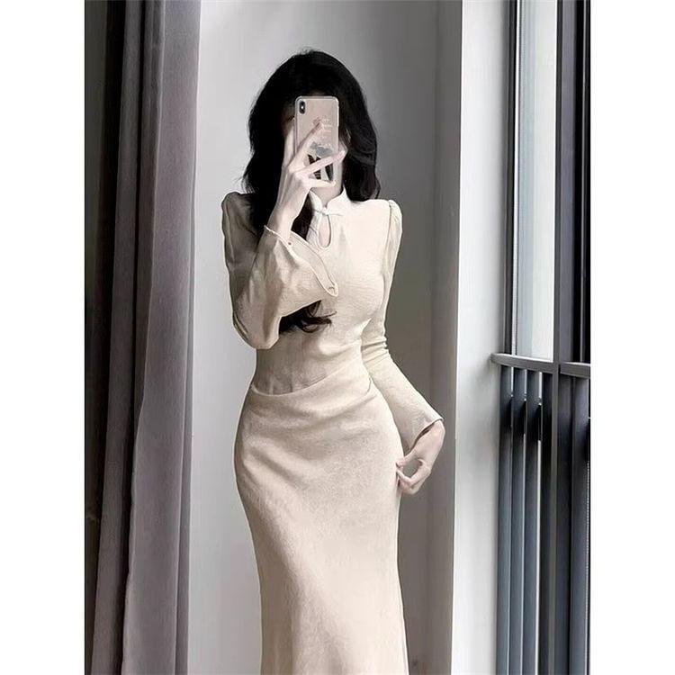 Long Sleeve Mandarin Collar Plain Keyhole Maxi Mermaid Dress Product Image