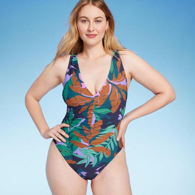 Womens Shirred Plunge One Piece Swimsuit - Shade & Shore Multi Floral Print Product Image