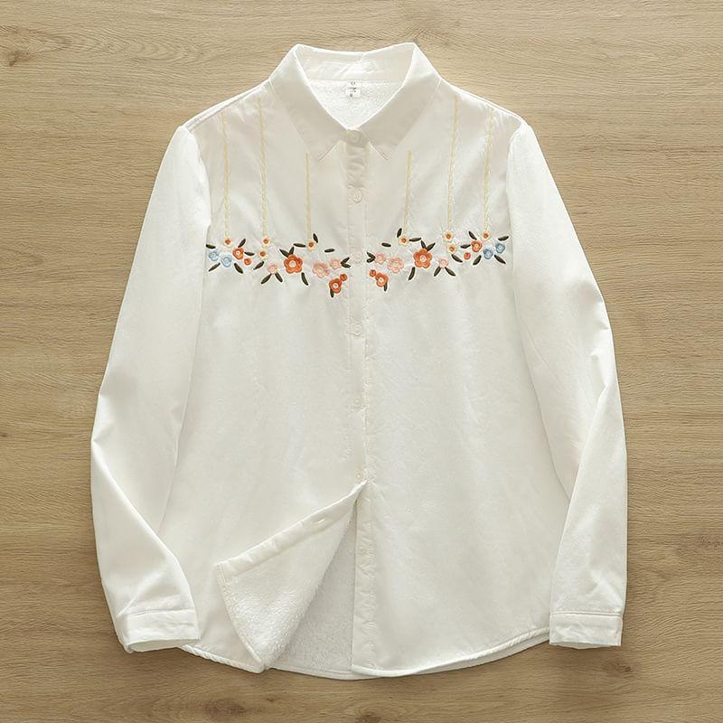 Long Sleeve Collared Floral Embroidered Shirt Product Image