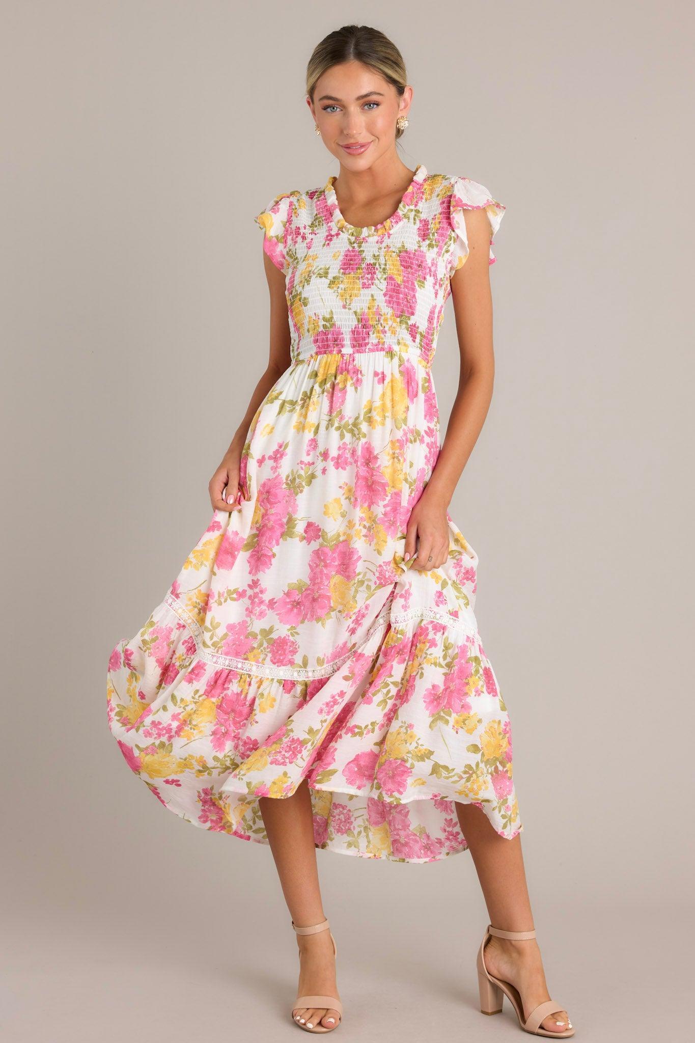 Bloom Burst White Multi Floral Midi Dress Product Image