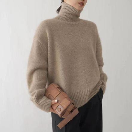 Long-Sleeve High Neck Plain Sweater Product Image