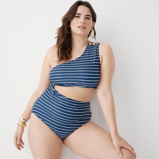 Cutout one-piece full-coverage swimsuit with buttons in navy stripe Product Image