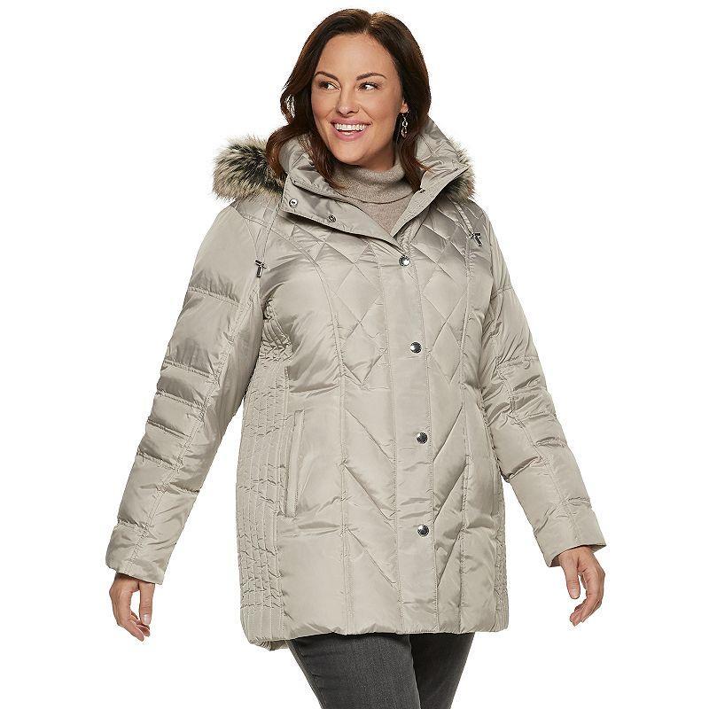 Plus Size TOWER by London Fog Hooded Faux-Fur Down Puffer Coat, Womens Light Grey Product Image