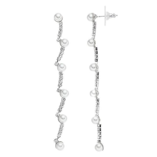 Vieste Silver Tone FIne Linear Simulated Pearl And Crystal Nickel Free Drop Post Earrings, Womens Product Image