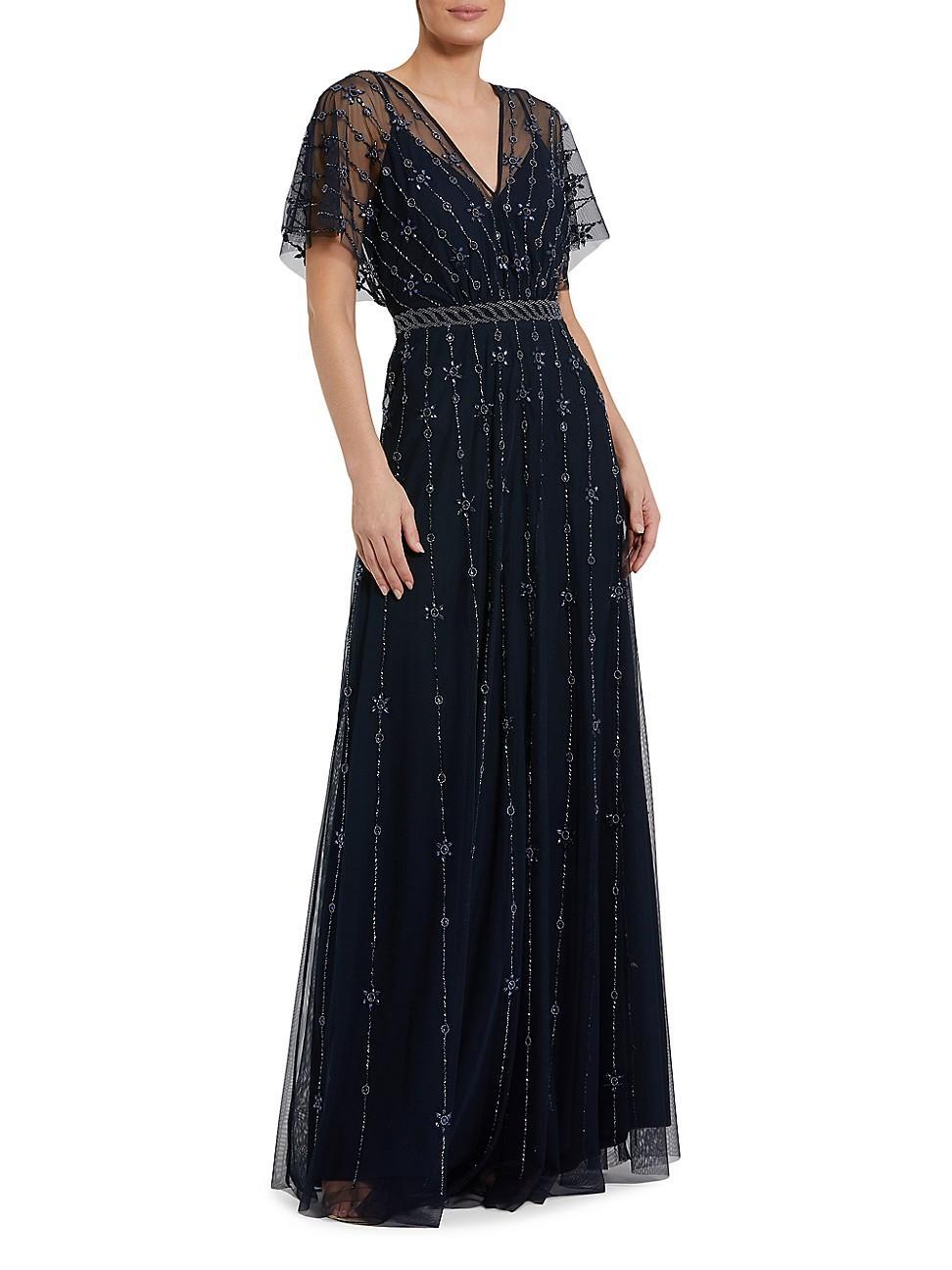 Womens Crystal-Embellished Flutter-Sleeve A-Line Gown Product Image