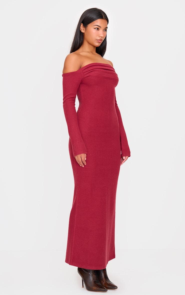  Burgundy Heavy Rib Bardot Long Sleeve Maxi Dress Product Image